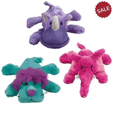 Purple plush rhino toy with white horn and soft fuzzy texture from kong cozies brights medium dog toys collection