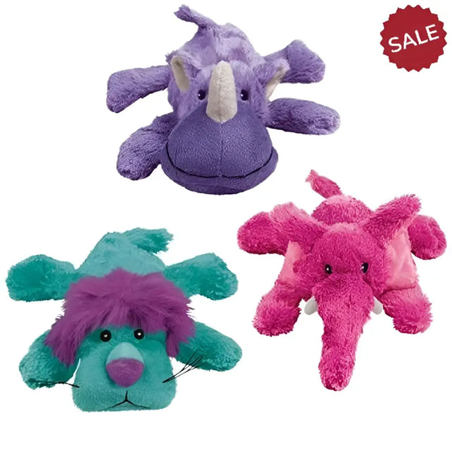 Purple plush rhino toy with white horn and soft fuzzy texture from kong cozies brights medium dog toys collection