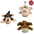 Plush kong cozies naturals assorted small toys in soft fabric featuring a black monkey, white cow, and brown moose
