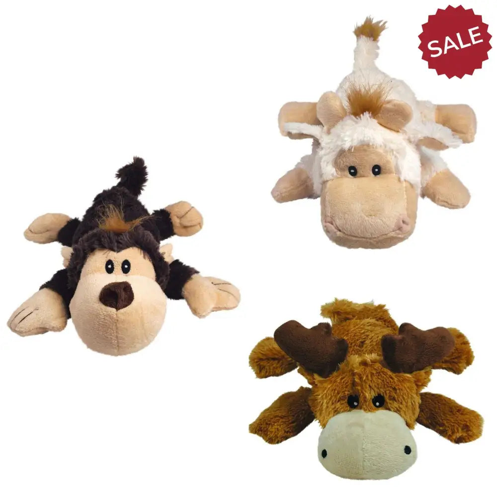 Plush kong cozies naturals assorted small toys in soft fabric featuring a black monkey, white cow, and brown moose