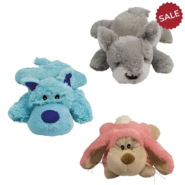 Three kong cozie pastels medium plush dog toys in soft fuzzy fabric for snuggle time with adanish designed strength