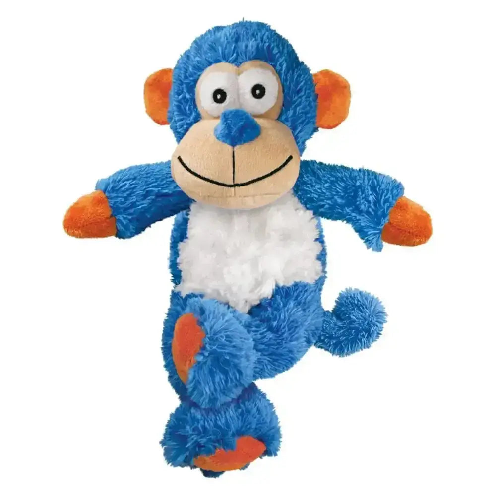 Blue plush kong cross knots monkey cat toy with orange accents and white fluffy belly for cats to play with