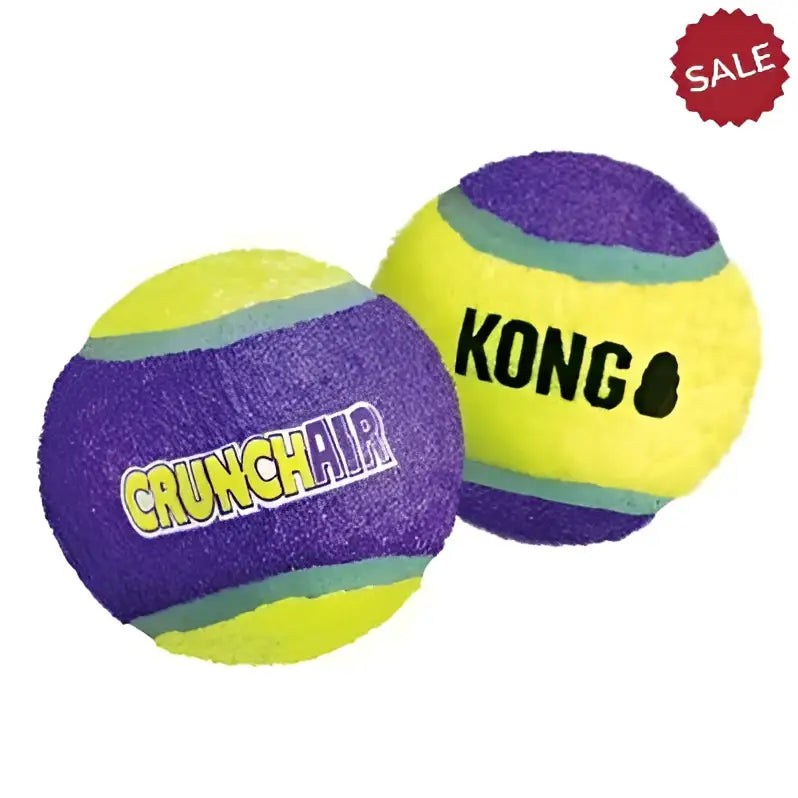 Purple and yellow kong crunchair balls x3 medium tennis balls with kong brand logo for durable fetch play