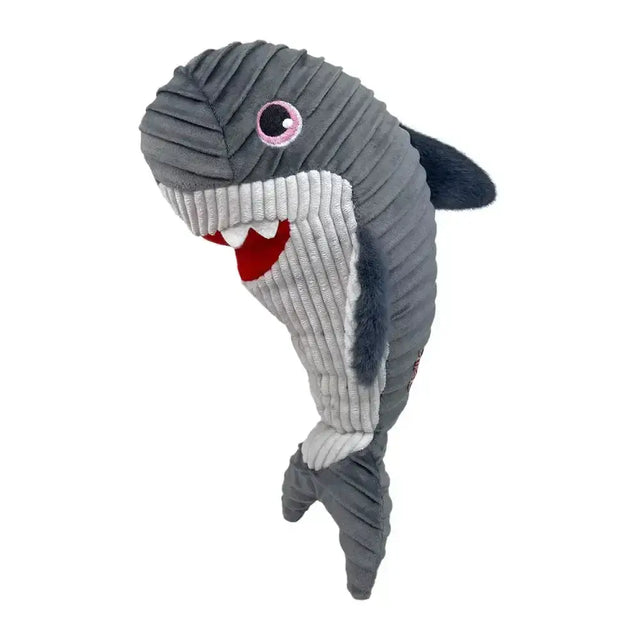 Gray corduroy plush kong cuteseas rufflez shark with white underbelly red mouth and pink eye soft toy