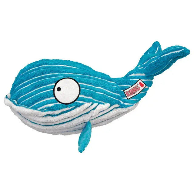 Blue and white striped plush kong cuteseas whale toy with kong brand tag perfect for pets to cuddle and play with