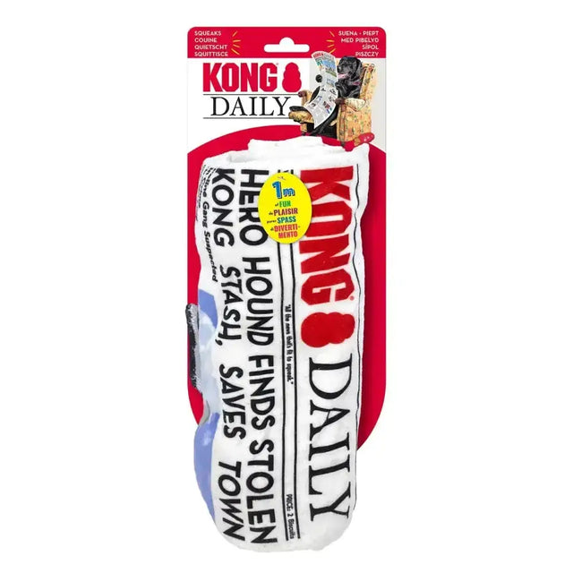 White and blue kong daily newspaper dog toy with bold black text design for daily newspaper chewers