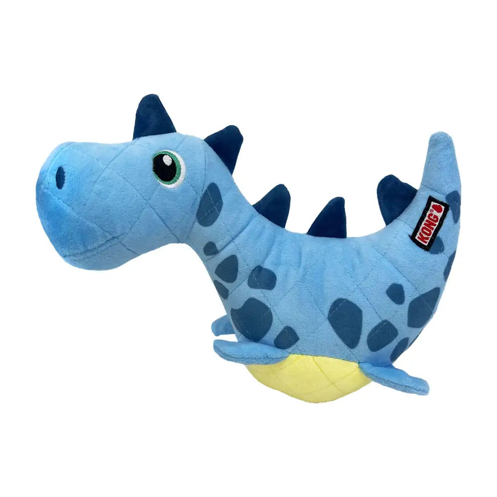 Blue plush dinosaur toy with dark blue spikes yellow underbelly and kong brand tag from kong dynos roars collection