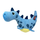 Blue plush dinosaur toy with dark blue spikes yellow underbelly and kong brand tag from kong dynos roars collection