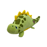 A soft green and yellow plush stegosaurus toy with blue eyes and quilted texture from kong dynos roars collection