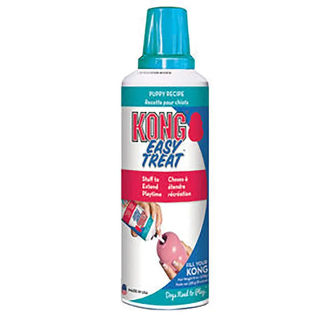 Kong easy treat puppy aerosol spray can with teal cap and colorful label featuring pink easily digestible treats