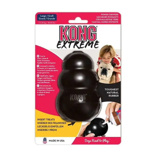 Black kong extreme durable dog toy made of tough natural rubber designed for heavy chewers and fetch fun