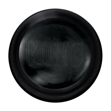 Black kong extreme flyer dog toy frisbee with textured ridges and embossed kong logo for durable play