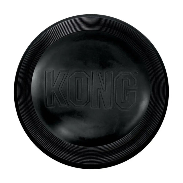 Black kong extreme flyer dog toy frisbee with textured ridges and embossed kong logo for durable play