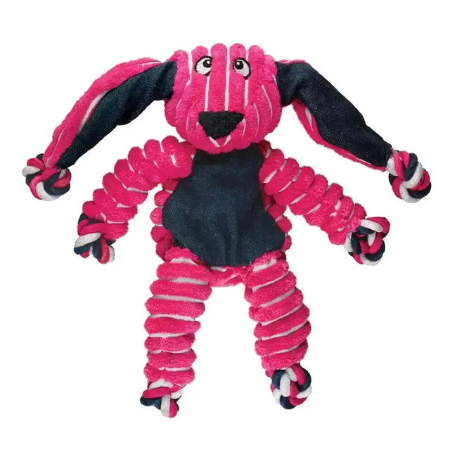Kong floppy knots bunny dog toy in pink and black rope with plush face floppy ears and knotted limbs