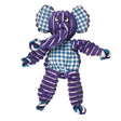 Purple and teal checkered kong floppy knots elephant dog toy with striped purple fabric limbs for playful chewing