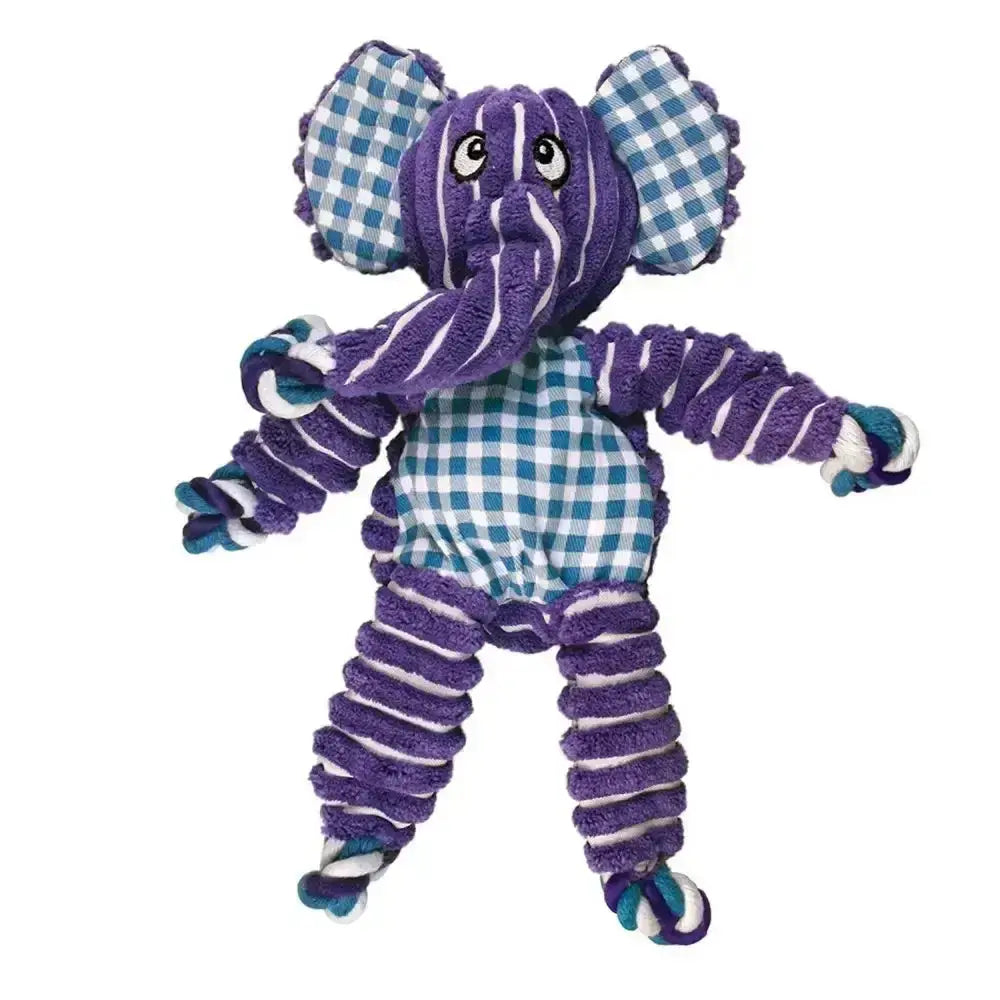 Purple and teal checkered kong floppy knots elephant dog toy with striped purple fabric limbs for playful chewing