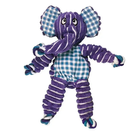 Purple and teal checkered kong floppy knots elephant dog toy with striped purple fabric limbs for playful chewing