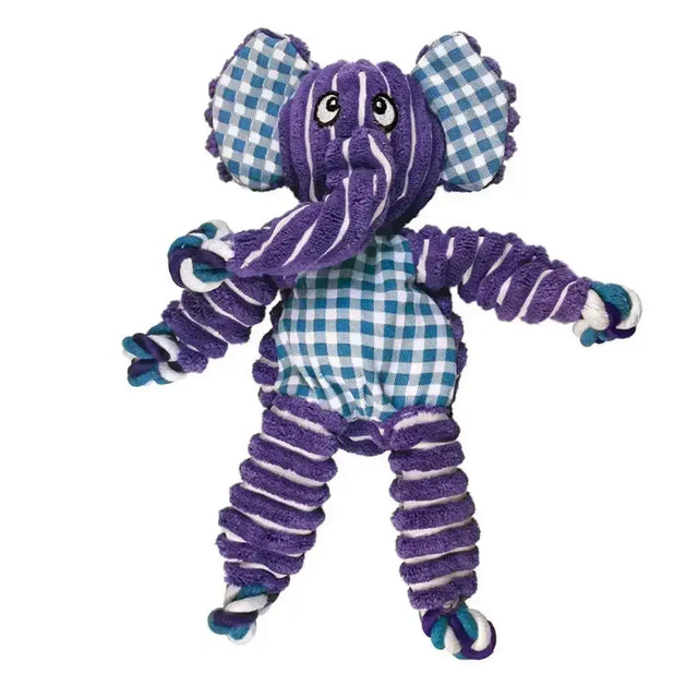 Purple and teal checkered kong floppy knots elephant dog toy with striped purple fabric limbs for playful chewing