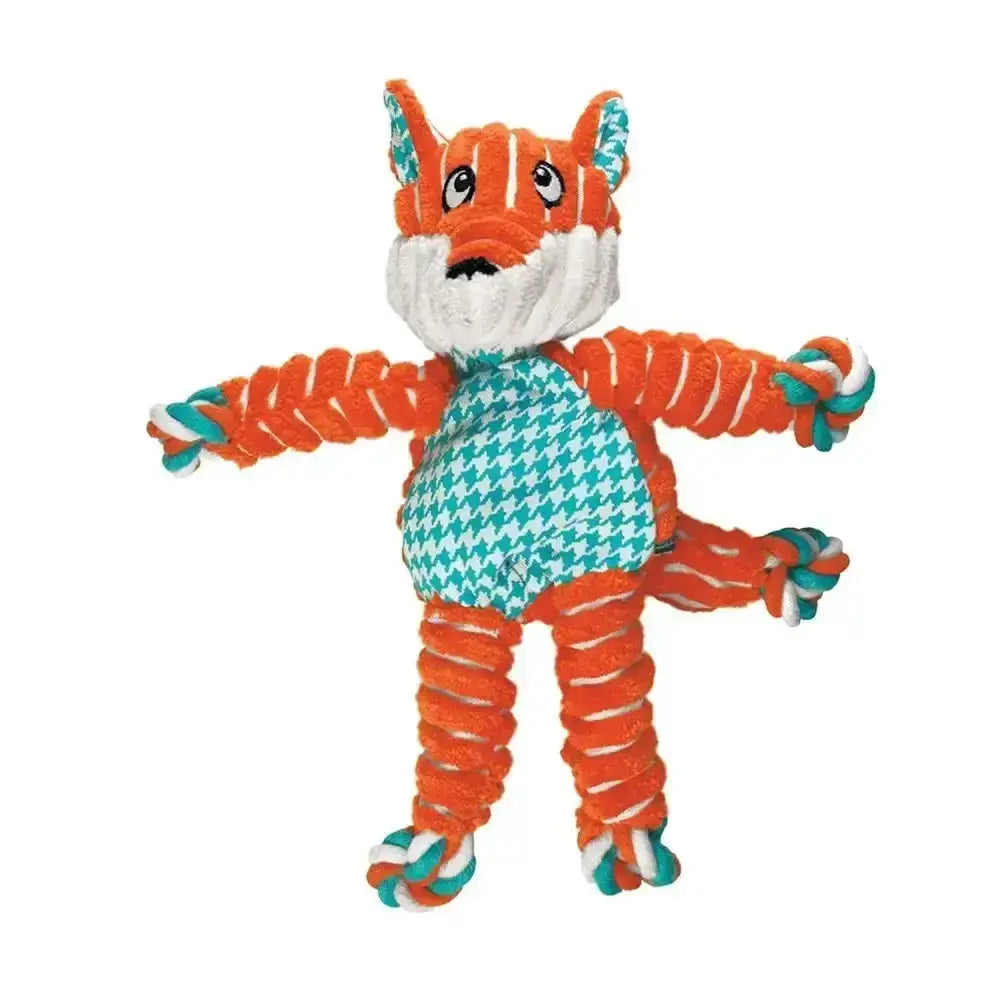 Kong floppy knots fox dog toy in orange and teal rope with a houndstooth patterned belly for playful chewing