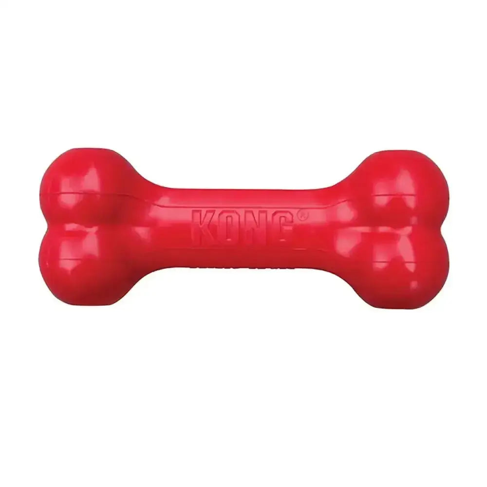 Red kong goodie bone dog toy in classic bone shape made of strong rubber for durable chew play