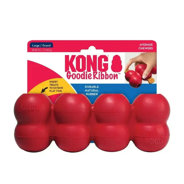 Red kong goodie ribbon dog toy made of durable natural rubber for average chewers treasure trove of fun