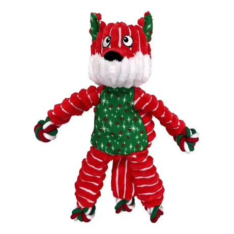Kong holiday floppy fox dog toy wrapped in red and green rope with white beard and star striped torso