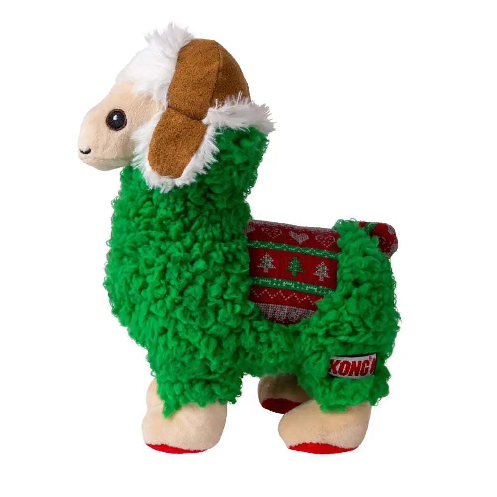 Festive green kong holiday sherpa llama plush toy with fluffy sherpa material and red white holiday sweater