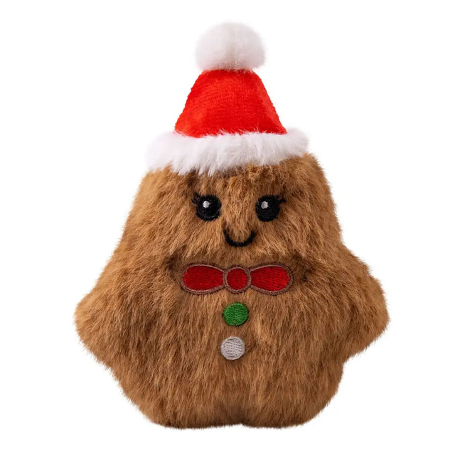 A plush fuzzy brown kong holiday snuzzles gingerbread mini toy wearing a santa hat with a red bow tie and buttons
