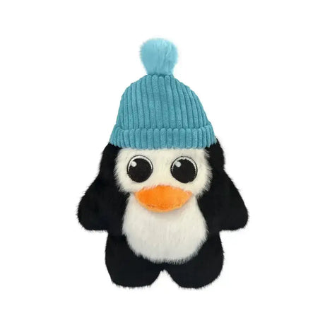 Cute black and white plush kong holiday snuzzles penguin dog toy wearing a light blue corduroy hat with pom-pom