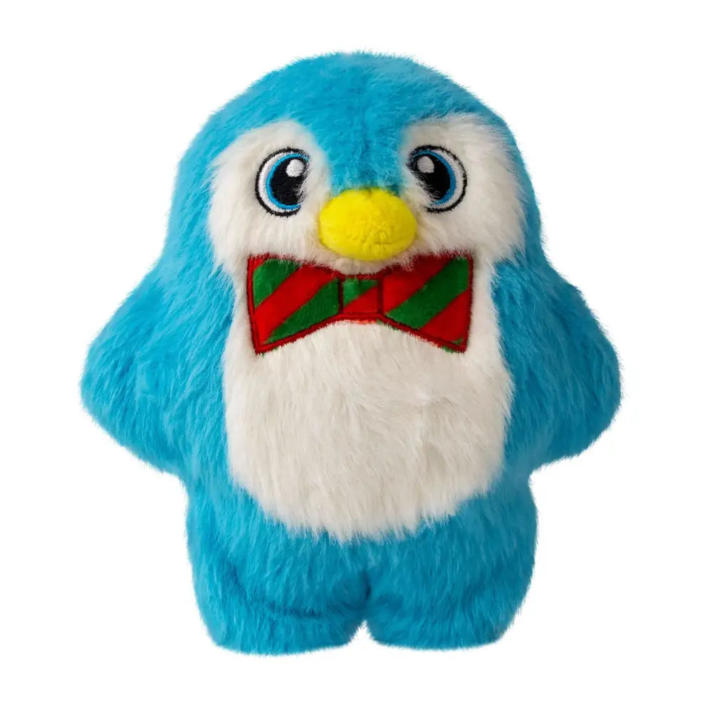 A plush kong holiday snuzzles penguin toy with a full-body squeaker, blue and white colors, perfect for indoor fun
