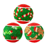 Three festive kong holiday squeakair tennis balls green with candy cane ho ho and gingerbread man designs