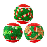 Three kong holiday squeakair tennis balls green with festive candy cane ho ho and gingerbread designs