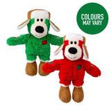 Two kong holiday wild plush dog toys in green and red with festive hats and brown boots from wild knots bear series