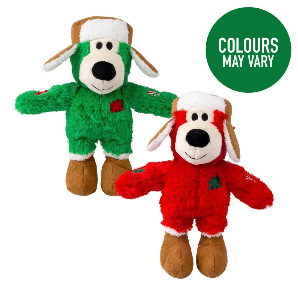 Two plush kong holiday wild knots bear dog toys in green and red with festive hats and brown boots