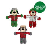 Three plush holiday wild knots bear dog toys dressed in festive winter jackets with green shamrock patches and hats