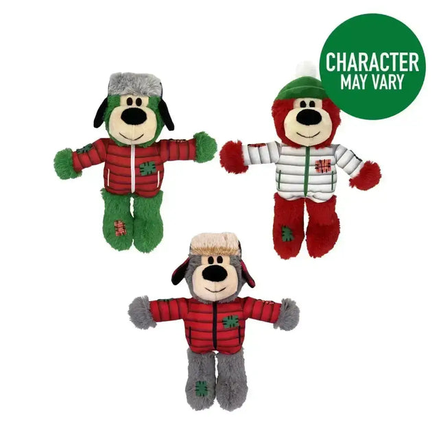 Three plush holiday wild knots bear dog toys dressed in festive winter jackets with green shamrock patches and hats
