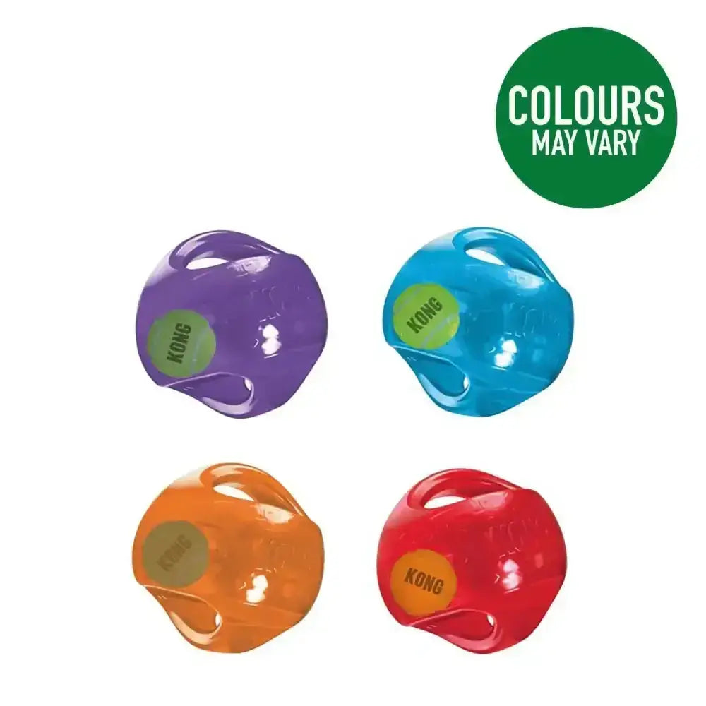 Brightly colored translucent kong jumbler ball 2-in-1 ball toy in purple blue orange and red for interactive fun