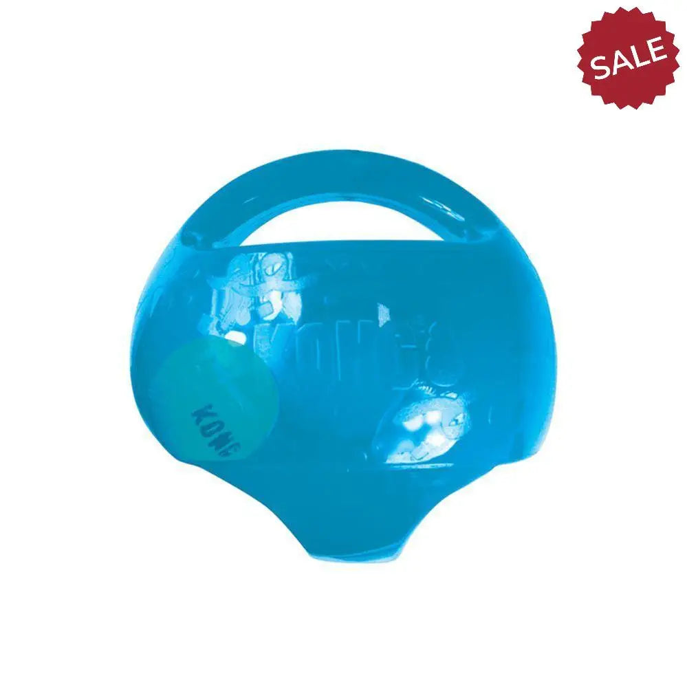 Bright blue translucent plastic kong jumbler ball med with handle and embossed branding for dogs to play with