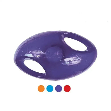 Purple glossy plastic kong jumbler football dog toy with two oval cutouts and a central ball 2-in-1 ball toy
