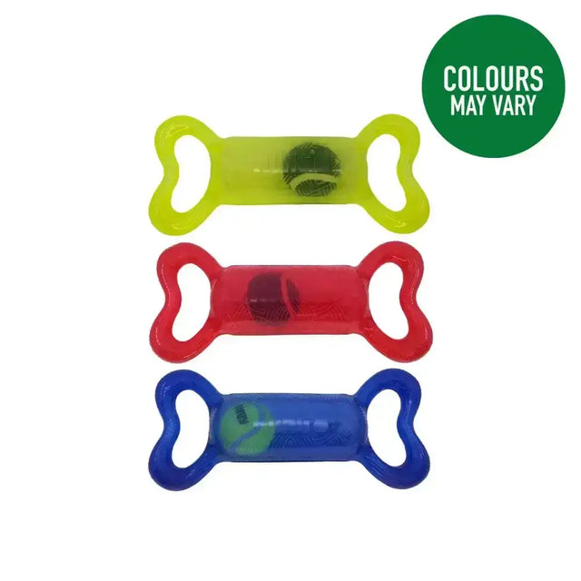 Brightly colored translucent kong jumbler tug bone dog toys with embedded tennis balls and loud squeak spark
