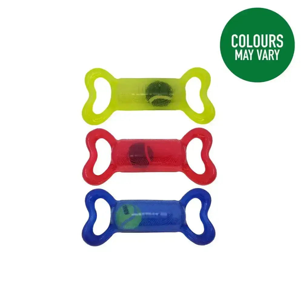 Three translucent neon kong jumbler tug bone toys in yellow red and blue with a loud squeak spark tennis ball inside