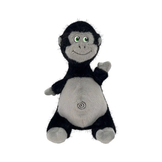 A plush kong knots belly gorilla toy in black and gray with green eyes made of durable rope and a rope ball inside