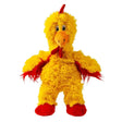 A plush yellow kong knots chicken toy with red feet and comb featuring a reinforced plush body and knotted rope skeleton