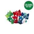 Three plush kong knots dragon dog toys in green red and blue with white underbellies for chewing fun