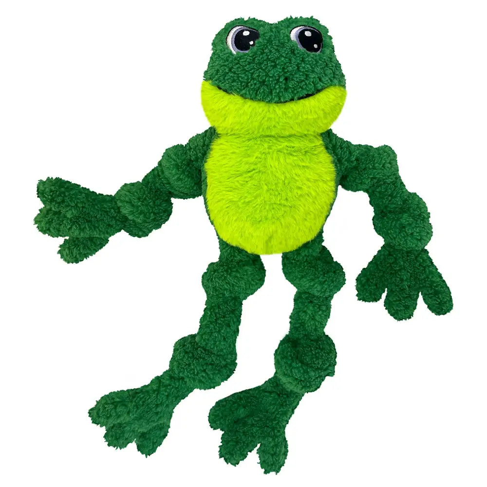 A plush kong knots frog dog toy with a bright lime green belly and rope skeleton for durable play