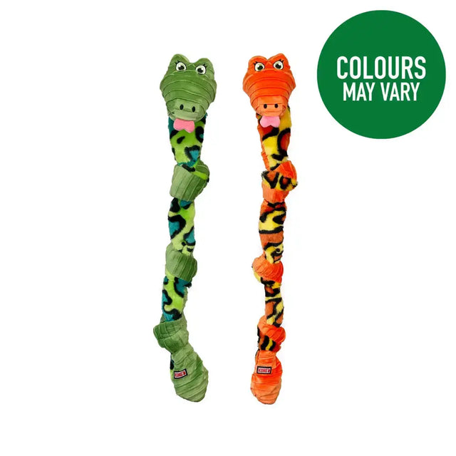 Two plush kong knots snake dog toys in green camo and orange tiger stripe fabric with stitched faces and pink tongues