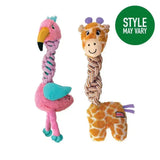 Pink and teal plush kong knots twists dog toy with braided rope body and an orange and white giraffe toy to satisfy thrashing