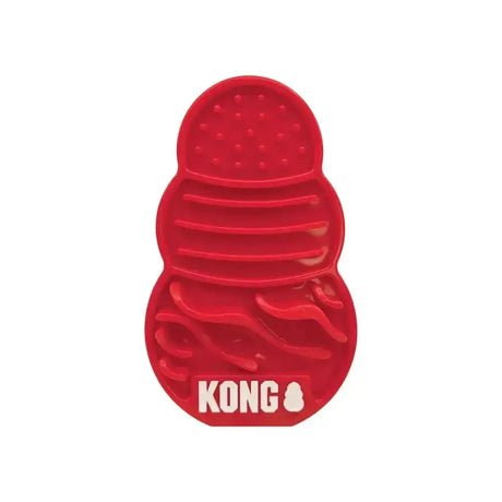 Red kong licks treat dispenser dog toy with textured segmented design for long lasting licking fun