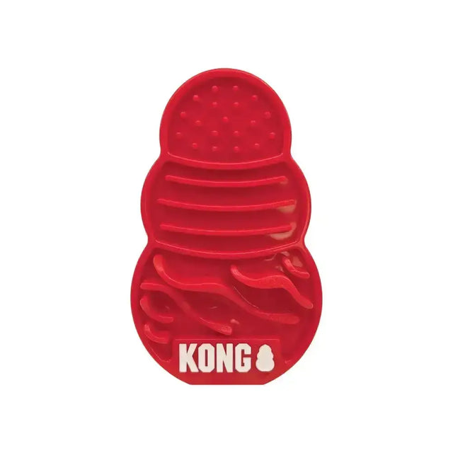 Red kong licks treat dispenser dog toy with textured segmented design for long lasting licking fun