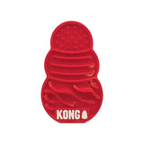 Red silicone kong licks treat dispenser with textured tiers for long lasting licking and kong logo at the base
